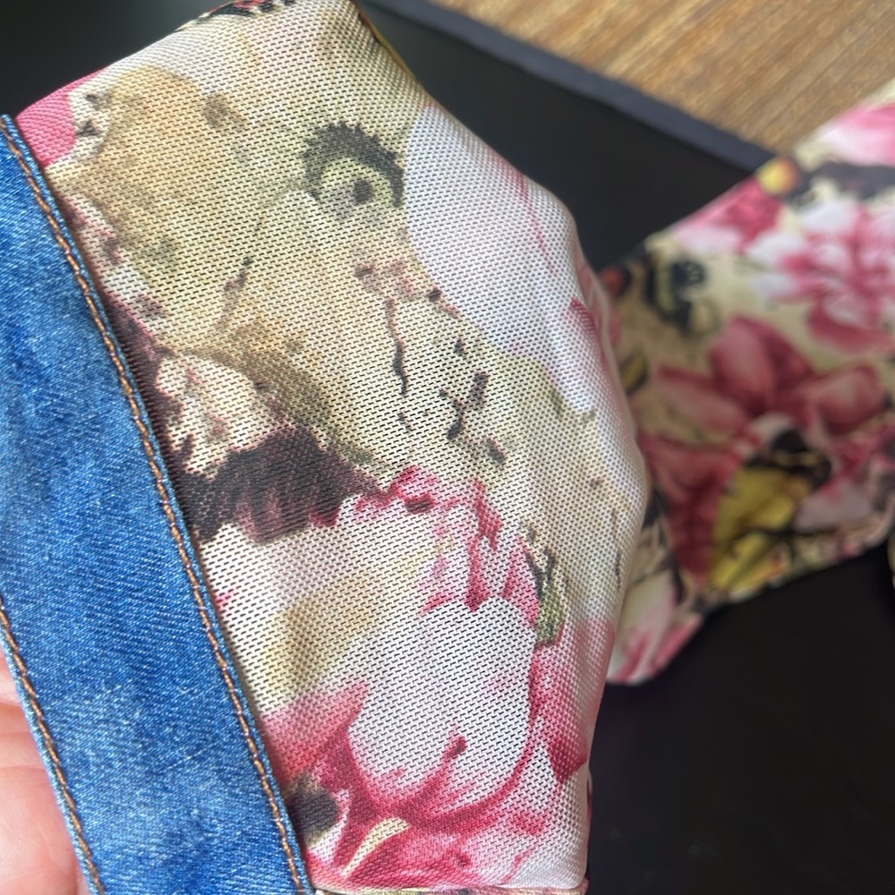 Pastels Butterly Floral Denim Trim Rhinstone Blouse Large Front Button Down - Picture 3 of 11